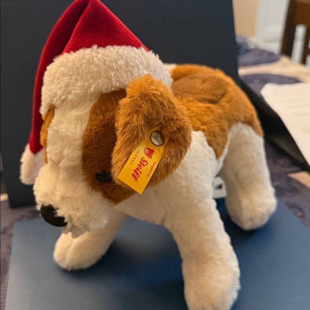 Steiff Cozy Christmas Snuffy Dog with Santa Hat - Soft & Cuddly Holiday Dog
